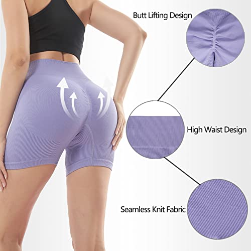 Yoga Workout Shorts Women High Waist Butt Lifting Waisted Seamless Ribbed Booty Scrunch Biker Gym Athletic Running Exercise Sports Bike Black Pink Purple Sexy Compression Tummy Control Spandex #TOP6