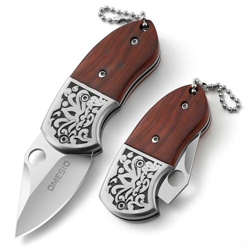Omesio Couteau pliant mini couteau de poche porte-clés pliable Petit couteau à clés tranchant, manche en bois