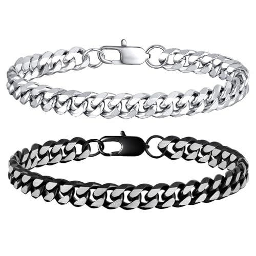 FLHEART Herren Armband Edelstahl Bicolor Silber - 2 Stücke 8mm Breite 19cm Länge Panzerkette Armbänder für Männer, Armschmuck Geschenke Herrenarmband Armkette Edelstahl Herren Armband