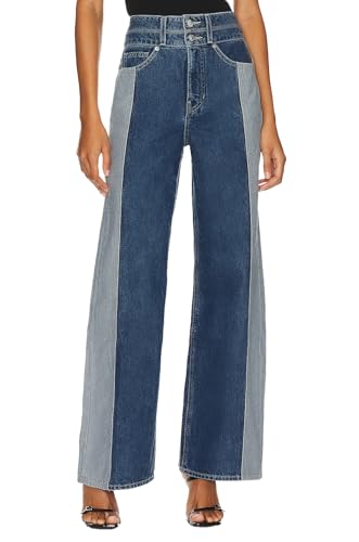 D-Sun Women Wide Leg Jeans Patchwork High Rise Straight Leg Denim Pants Casual Color Block Y2K Jean Trousers with Pockets