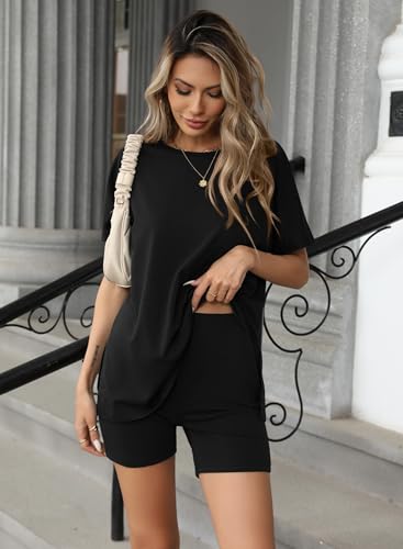 Ekouaer Women's 2 Piece Lounge Set 2025 Summer Biker Shorts Set Outfits Short Sleeve Oversized Top Matching Tracksuit3