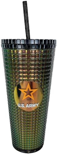 Image of Spoontiques Army Diamond Tumbler - Textured Cup with Straw - Double Wall Insulated and BPA Free - 20 oz