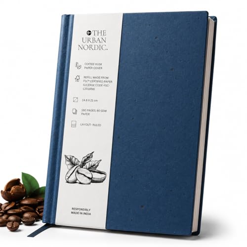 Image of Eco Friendly Blue Notebook A5 | Tree-Free Coffee Husk Paper Cover Journal | FSC Certified College Ruled Recycled Pages | Premium Minimal Diary for Office, Work & Gifting