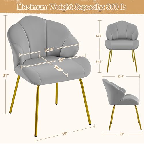 Image of Yaheetech Vanity Chair, Velvet Accent Chair with Shell-Shaped Backrest, Modern Armchair with Gold Metal Legs for Dressing Room /Bedroom /Living Room, Light Gray