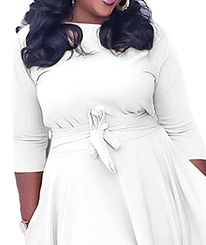 Image of SOMTHRON Women's Casual 3 /4 Sleeve Long Maxi Dress A-Line Flared Solid Wrap Tie Waist Swing Dresses