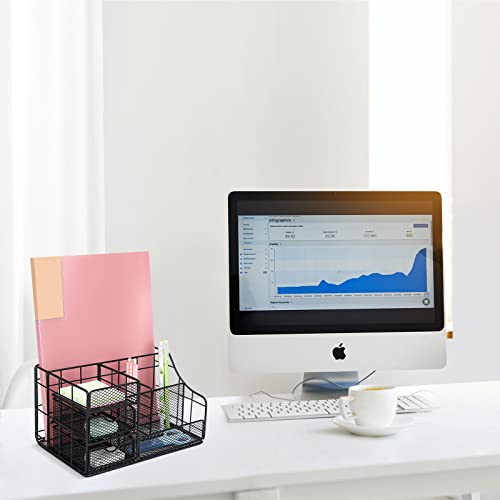 Dezzie Desk Organizers And Accessories, Mesh Desk Organizer With 2 Sliding Drawers, Office Supplies And Organizers With 7 Compartments + 72 Clips Set, Black Desktop Organizer For Home, School,Office #TOP5
