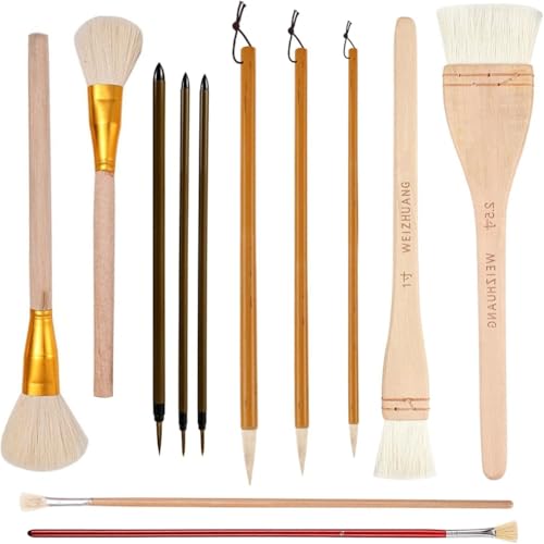 Sirxlevcy Juego de Pinceles de Esmalte de Cerámica de 12 Piezas Formas Surtidas para Cerámica, Acuarela-Cepillos de Arte de Cerdas de Lana para Artistas