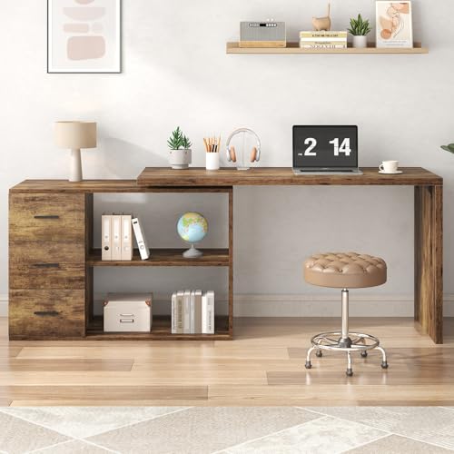 Image of HSH L Shaped Computer Corner Desk with Storage Drawers 55 inch Rustic Brown | Reversible Home Office Corner Desk with 2 Open Side Shelves Modern Wood Executive L Desks for Bedroom,Study Workstation