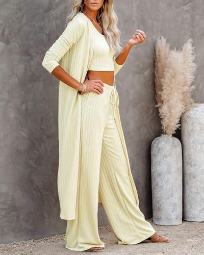 Image of Fessceruna Womens 3 Piece Lounge Pajamas Sets Cute Vacation Matching Set | Pj Sets, Airport Travel Outfits, Bedroom, Winter Fall Loungewear , Cotton, Christmas