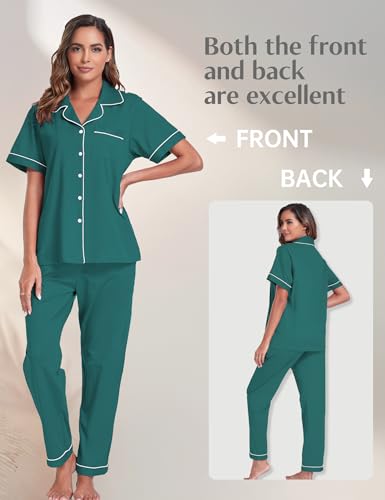 Image of COLORFULLEAF Women's 100% Cotton Pajamas Set Button Down Sleepwear Short Sleeve Shirt and Long Pants Soft Ladies Lounge Sets