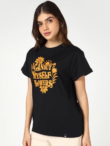 Image of Bewakoof Women's Typography Boyfriend Fit Half Sleeve Round Neck Cotton T-Shirt 646748 Black 3XL