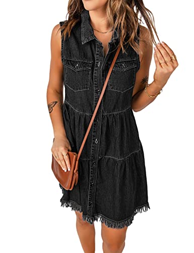 Image of luvamia Women's Casual Summer Lapel Sleeveless Button Down Short Denim Jean Dress