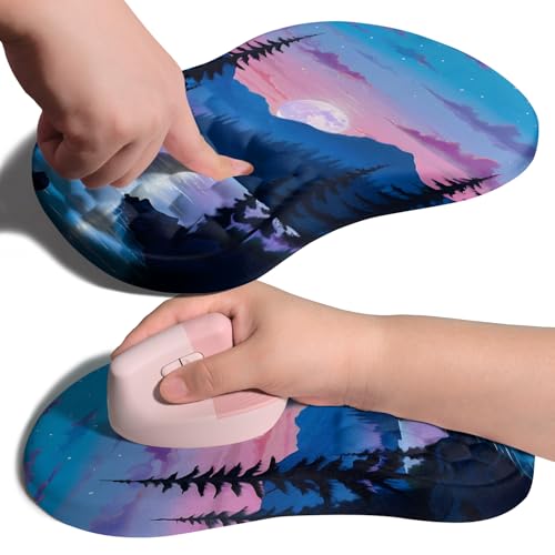 Image of Ergonomic Joint Wrist Support Mouse Pad with Memory Foam Cushion Massage Bump, Carpal Tunnel Pain Relief Mousepad Slope Design for Wrist Rest, 11.8x7.9 in, Moon Down