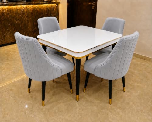 Image of WOODEN SPACE 4 Seater Wooden Dining Table Set | Urban Marble Top Dining Table with Chairs for Dining Room & Kitchen (Modern Infinity Backline Light Grey) (42 x 42 x 30 inch)