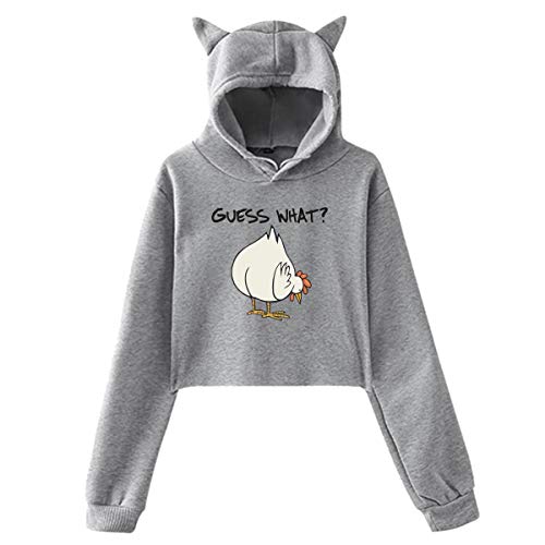 Women's Hoodies Guess What Chicken Butt Casual Long Sleeve Crop Top Cat Ear Sweatshirt Pullover Gray