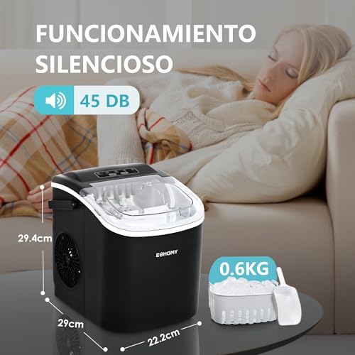 Miniatura 8 de Euhomy Máquina De Cubitos De Hielo Pequeña, 12 Kg, 9 Cubos Listos En 6 Minutos, Color Negro Con Mango Portátil, 12 Kg 24 H, Máquina De Cubitos De Hielo Autolimpiable