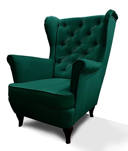 Mars Meble Ohrensessel aus Velours, Sessel mit Holzbeine, Wohnzimmersessel mit Wellenfedern, Elegant und Bequem (Stoff: Kronos 19 - flasches grün)