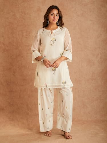 Image of ANNI Designer Farshi Salwar Suit for Women Viscose Embroidered | Co Ord Set for Woman | Straight Kurta Palazzo Outfit Round Neck V Slit 3 /4 Sleeve Ethnic Dress Womens Clothing