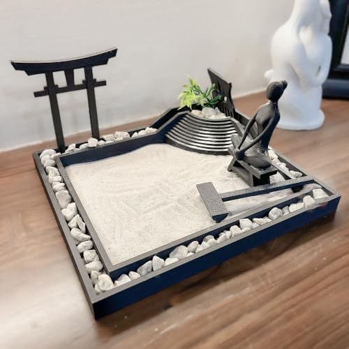 Image of Desktop Zen Garden Set, Japanese Style Meditation Sand Garden in Black PLA with mini Torii Gate and Rake, Table Decor (Small)