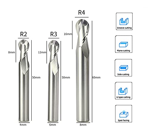 Image of XJL 3 Pcs Carbide Ball Nose End Mill R Angle CNC End Mills Machine Milling Cutter Spiral Mills Tool for Aluminium 2 Flute HRC 55