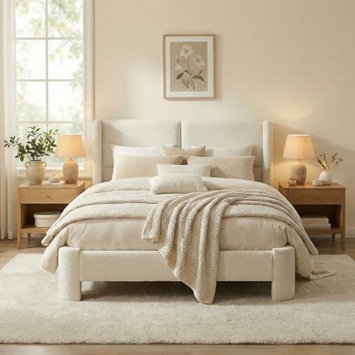 LIKIMIO Full Bed Frame with Headboard, Upholstered Boucle Platform Bed with USB Ports, Base Camas Full No Box Spring Needed, Cream White