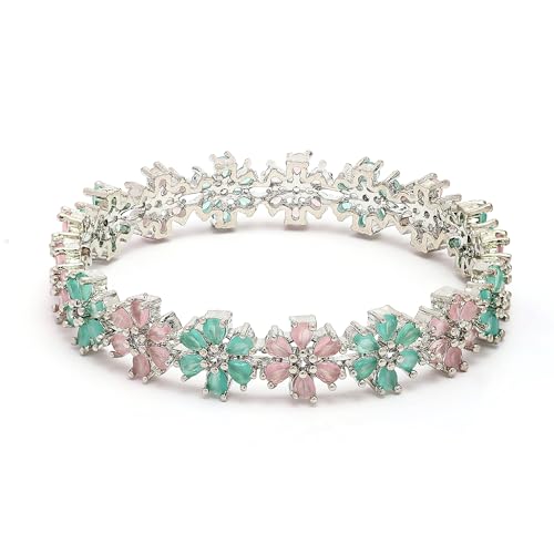 Image of ZENEME Rhodium Plated Silver Toned Floral Shaped American Diamond Studded Bangles Set Of 2 For Women & Girls