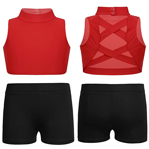 Girls Dance Sports Tracksuit Criss Cross Back Turtle Neck Crop Top & Booty Shorts Gymnastic Set