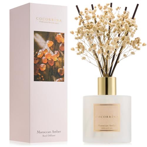 Image of COCORRINA Reed Diffuser - Moroccan Amber 6.7 Fl.oz Reed Diffuser Set with Sticks & Preserved Baby's Breath, Reed Diffuser for Home Bathroom Shelf Decor