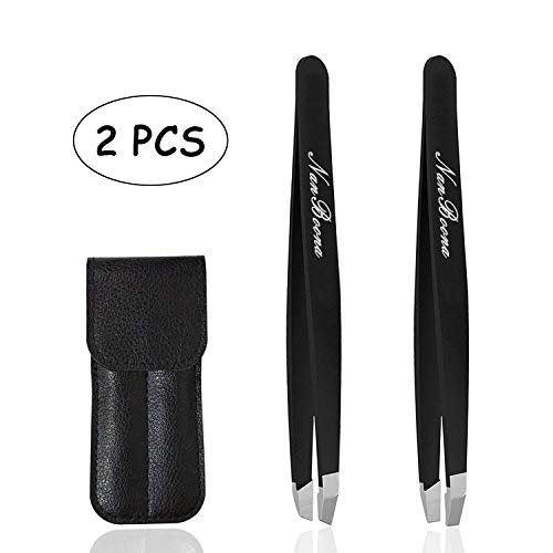 Tweezers Set 2 Pieces - Slant & Flat Tip Eyebrow Tweezers - Stainless Steel Precision Tweezers for Ingrown Hair Remover - Professional Tweezers with Leather Case for Facial Hair (Black)