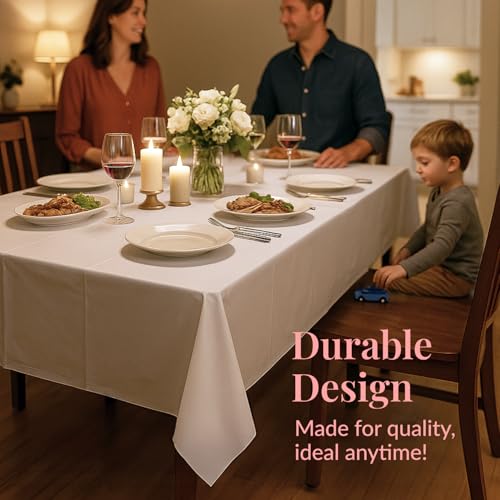 Image of Prestee 24 Pack Plastic Table Cloth Disposable - 108 inch x 54 inch White Table Cloth Rectangle for Indoor or Outdoor Use - White Tablecloths for Weddings, Parties - Plastic Table Cover for Fine Dining Events