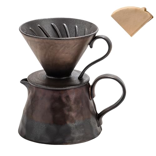 Image of HYAXGM Pour Over Coffee Maker,Ceramic Coffee Maker With 40 pcs Paper Filter,15oz/450ml Ceramic Pour Over Coffee Dripper (Retro gold)