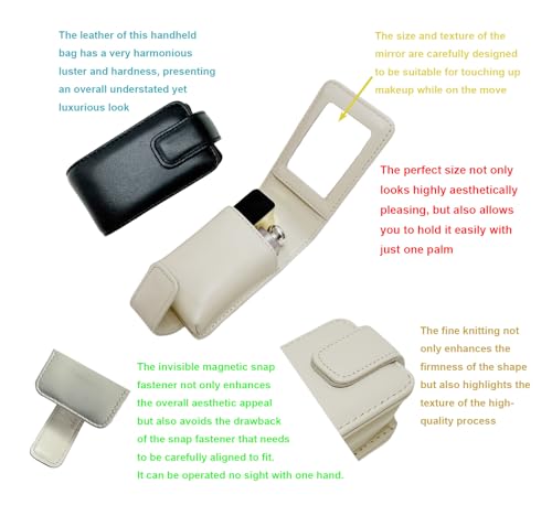 AgentMoon Luxury Handheld Lipstick Pouch with Mirror,Genuine Leather Lip Balm Case with Clamshell Magnetic Hidden Clasp,Exquisite Travel Makeup Lipstick Case. 4.1x2.3x1.8 inches (Off-white)4