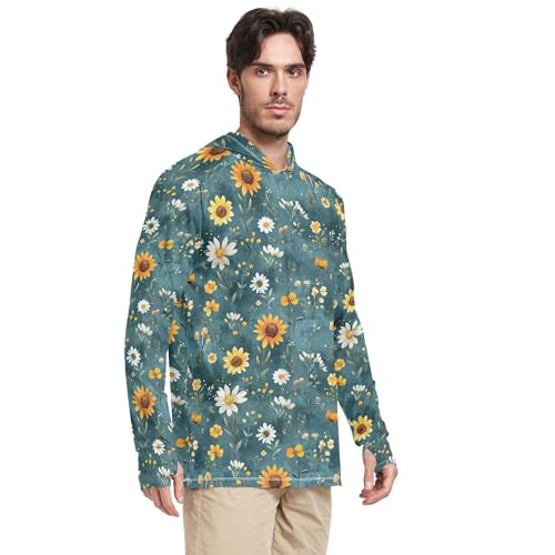 Autumn Flowers Sunflower Lily Teal Sun Shirts Hoodies for Men Long Sleeve Sailing Rash Guard UPF 50+ Golf Shirt S2