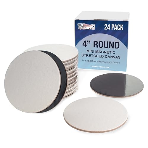 U.S. Art Supply Mini Magnetic Canvas Panels 24 Pack 4 Inch Round Primed 8 Ounce Heavyweight Cotton Small Canvases for Painting Acrylic and Watercolor White Square Flat Canvas Boards