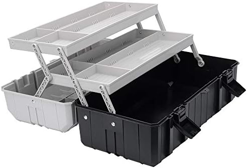 17-Inch Plastic Storage Toolbox, GANCHUN 3-Layer Portable Tool Box, Hobby or Craft Storage Toolbox, Multiplication Tool Organizer for Home Tools, Nails and Pins, Black-Grey