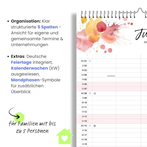 heaven+paper Kalender 2026 Wandkalender 5 Spalten – Familienkalender im Kunstdesign, Kalender 2026 für fünf zum aufhängen mit Aquarell – Made in Germany