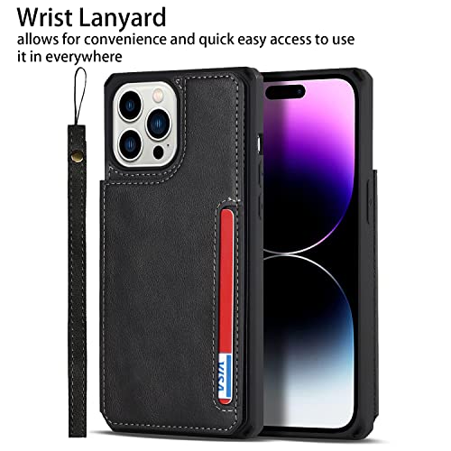 Image of Cavor for iPhone 14 Pro Case with Card Holder,for iPhone 14 Pro Wallet Case for Women Men,Phone Case for iPhone 14 pro with Stand Credit Card Holder, Leather Strap Shockproof Cover- Black