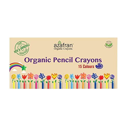 Azafran Organic Pencil Crayons - Pack of 15 Colored Thins, Non Toxic Ingredients, Non-Greasy, Eco Friendly, Food Grade Colors, for Toddlers, Fun with Playing and Stacking - 127 Grams