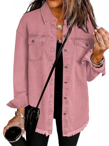 seiveini Veste en Jean Femme Longue Oversized Déchiré Denim Jacket Vintage Boyfriend Blouson A Rose Clair M