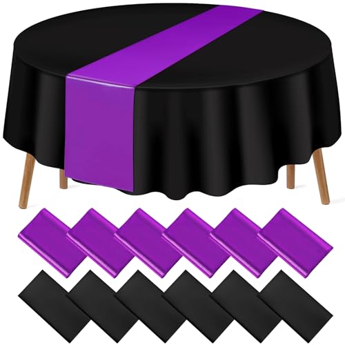Image of 12Pack 12x108 Inch Satin Table Runner and 84 Inch Round Plastic Tablecloths Set Black Purple Disposable Round Table Cover for Graduation Wedding Bridal Shower Anniversary Birthday Party Decorations