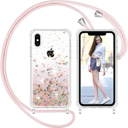 Nupcknn Funda Brillantina con Cuerda para iPhone X XS, Carcasa TPU Suave Silicona Case con Correa Colgante Ajustable Collar Correa de Cuello Cadena Cordón(Rosa, 5.8 )