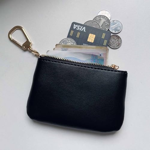 Leather Coin Purse Mini Slim Wallet Small Change Purse Card Holder Coin Purse With Key Chain for Men & Women (Black)3
