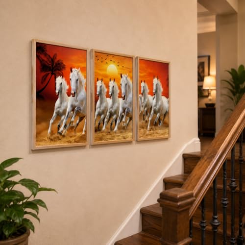 Image of Livin'luxe Set of 3 White Running Horse Sunset Wall Paintings for Living Room Bedroom Home Decor with Premium Wooden Color Synthetic Frame (25.5 x 19.5 Inch) NM03-95