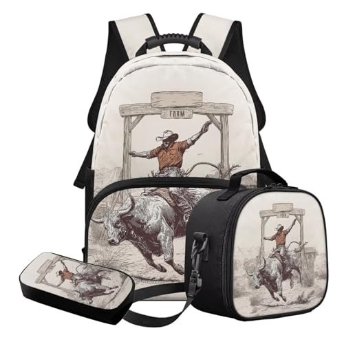 3Pcs Backpack Set for Kids, Cowboy Horse Print Backpack Lunch Box and Pencil Case Set for Girls, 17 Inch Kids School Bags for Elementary Middle School