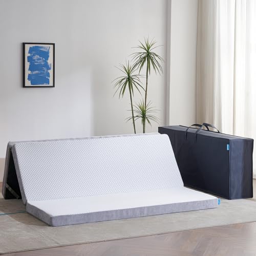 Image of Odorless Foldable Mattress King Size 80 inch x 76 inch x 4 inch, 4 Inch Medium Firm Folding Foam Mattress with Storage Bag, Fiberglass Free Trifold Memory Foam Mattress for RV, Guest Bed