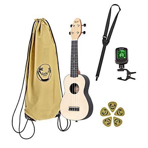 Ukulele Soprano Mancino Ortega Guitars Keiki K2 - Con Borsa, Accordatore, Plettri E Tracolla, Top In Mogano, Design Grafico Unico