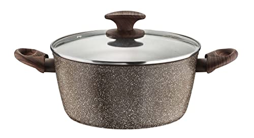 Pintinox Casserole en aluminium série Natura, effet pierre antiadhésive, poignée effet bois, couvercle en verre avec bouton doux au toucher effet bois, convient à l'induction, diamètre 26 cm