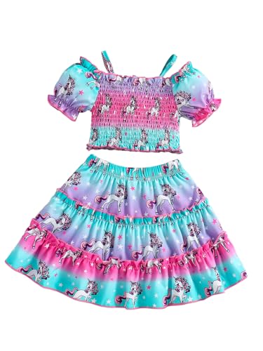 Image of Girls Outfits Puff Sleeves Off Shoulder Crop Tops and Ruffle Flared Hem Skirt Set Toddler Summer Clothes