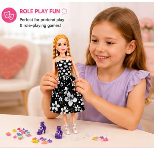 Image of Fashion Doll for Girls with 20+ Accessories, Dress Up Doll Toy Set with Earrings Necklace Shoes Hair Beads & Styling Accessories, Pretend Play Fashion Princess Doll for Kids Girls 3+ Years