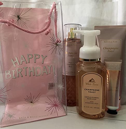 Bath and Body Works Happy Birthday Champagne Toast Gift Bag Set, Full Size Body Cream, Fragrance Mist, Gentle Foaming Soap and Hand Cream